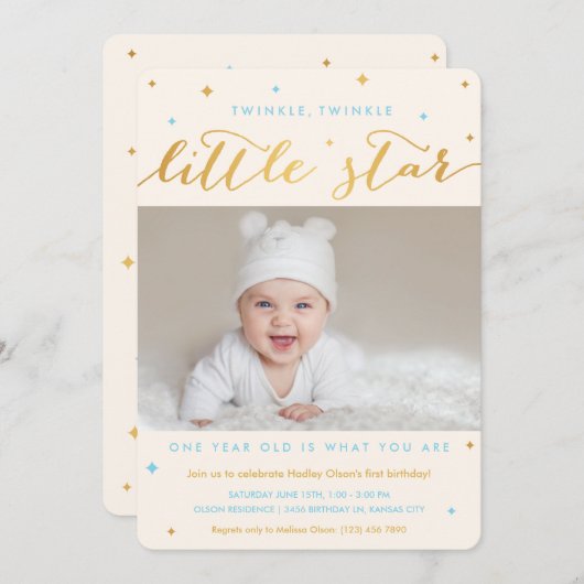 Twinkle Little Star First Birthday Invitation Boy Kaart (Voorkant / Achterkant)