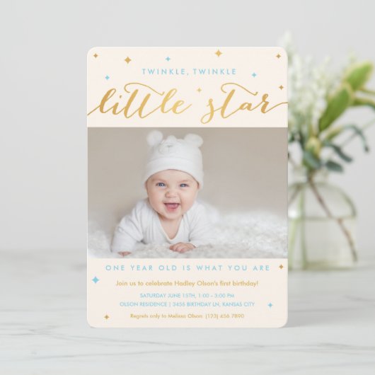 Twinkle Little Star First Birthday Invitation Boy Kaart (Staand voorkant)