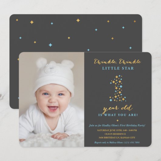 Twinkle Little Star First Birthday Invitation Boy Kaart (Voorkant / Achterkant)