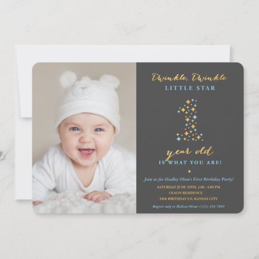 Twinkle Little Star First Birthday Invitation Boy Kaart (Voorkant)