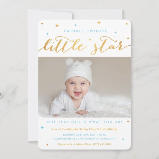 Twinkle Little Star First Birthday Invitation Boy Kaart (Voorkant)