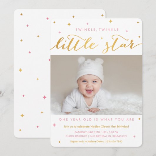 Twinkle Little Star First Birthday Invitation Girl Kaart (Voorkant / Achterkant)