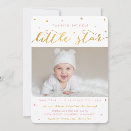 Twinkle Little Star First Birthday Invitation Girl Kaart (Voorkant)