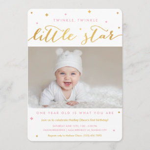 Twinkle Little Star First Birthday Invitation Girl Kaart