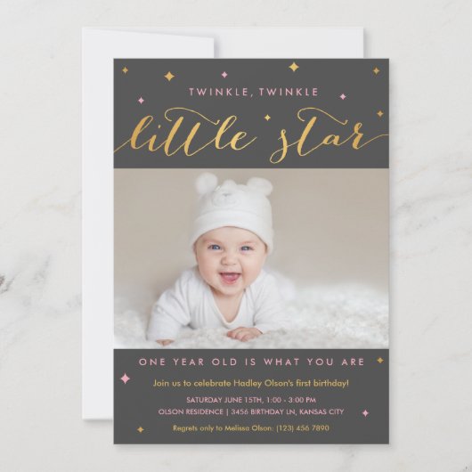 Twinkle Little Star First Birthday Invitation Girl Kaart (Voorkant)