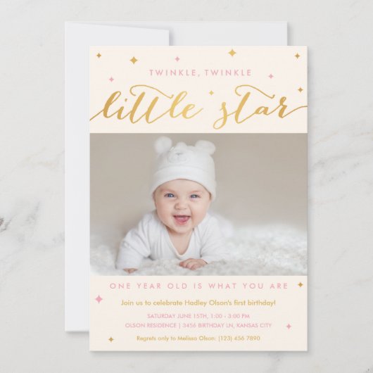 Twinkle Little Star First Birthday Invitation Girl Kaart (Voorkant)