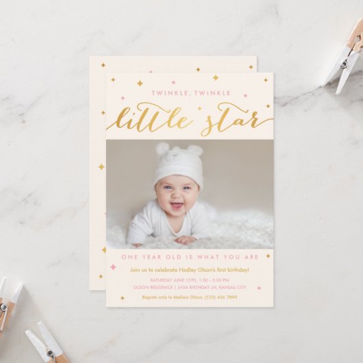 Twinkle Little Star First Birthday Invitation Girl Kaart (Voorkant / Achterkant in situ)