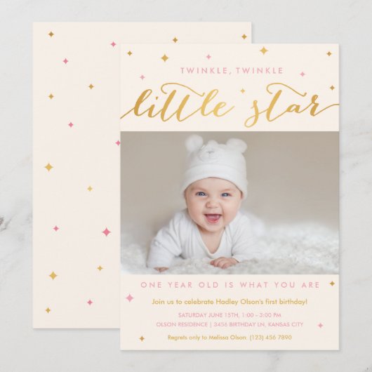 Twinkle Little Star First Birthday Invitation Girl Kaart (Voorkant / Achterkant)