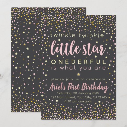 Twinkle Little Star First Birthday Invitation Kaart (Voorkant / Achterkant)