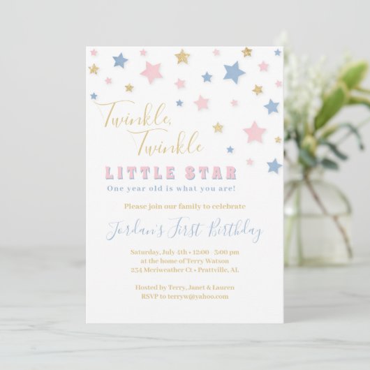 Twinkle Little Star First Birthday Invitation Kaart (Staand voorkant)