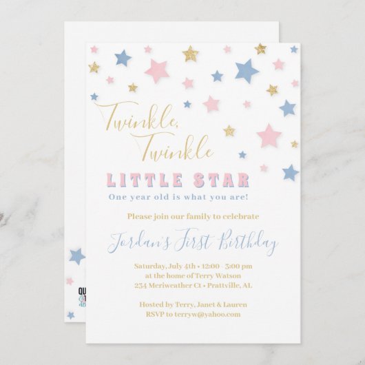 Twinkle Little Star First Birthday Invitation Kaart (Voorkant / Achterkant)