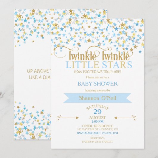 Twinkle Little Star Gold & Baby Blue Boy Twins Kaart (Voorkant / Achterkant)