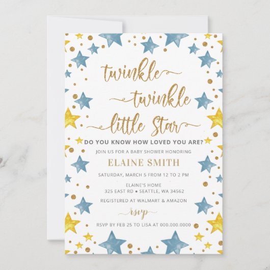 Twinkle Little Star Gold Blue Boy Baby shower Kaart (Voorkant)