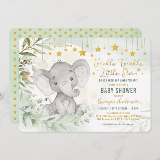 Twinkle Little Star Greenery Elephant Baby shower Kaart (Voorkant / Achterkant)