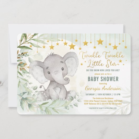 Twinkle Little Star Greenery Elephant Baby shower Kaart (Voorkant)