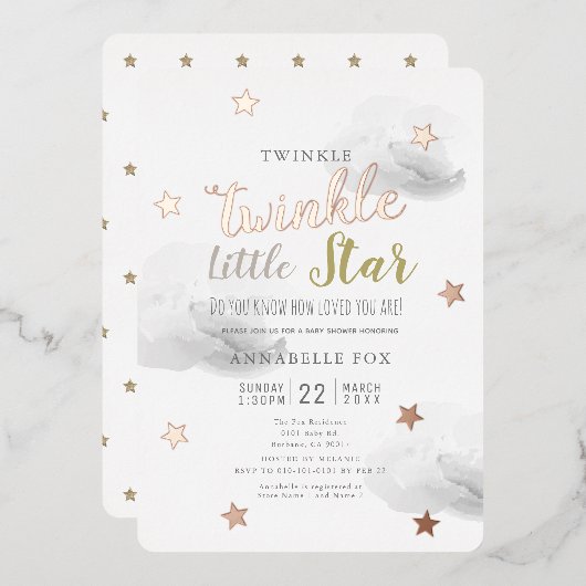 Twinkle Little Star Grey Clouds Baby shower Folie Uitnodiging (Voorkant / Achterkant)