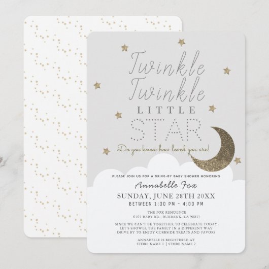 Twinkle Little Star Grey Drive-by Baby shower Kaart (Voorkant / Achterkant)