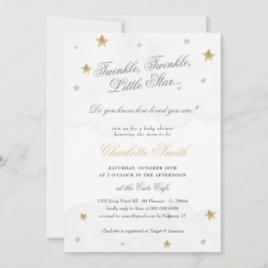 Twinkle Little Star Grey Gold Elegant Baby shower Kaart (Voorkant)
