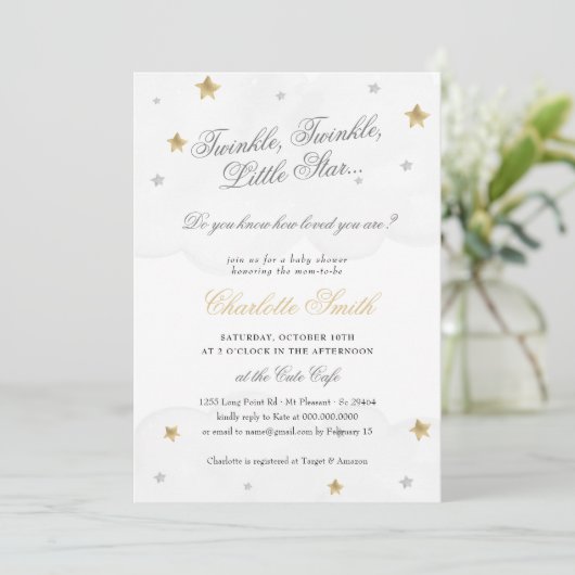 Twinkle Little Star Grey Gold Elegant Baby shower Kaart (Staand voorkant)