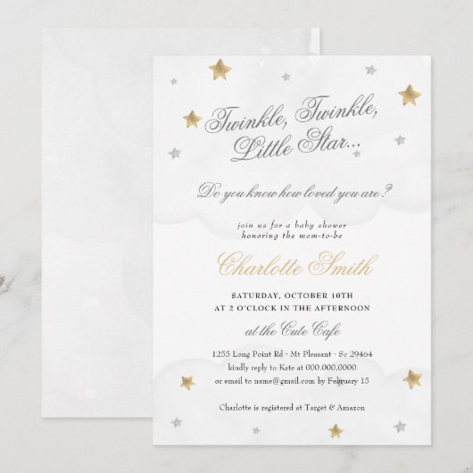 Twinkle Little Star Grey Gold Elegant Baby shower Kaart (Voorkant / Achterkant)