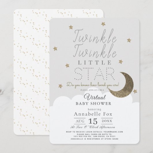 Twinkle Little Star Grey Virtual Baby shower Kaart (Voorkant / Achterkant)