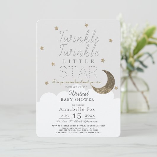 Twinkle Little Star Grey Virtual Baby shower Kaart (Staand voorkant)