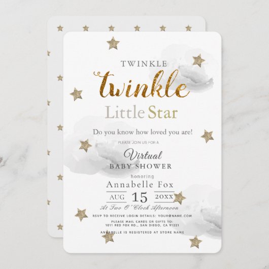 Twinkle Little Star Grey Virtual Baby shower Kaart (Voorkant / Achterkant)