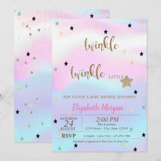 Twinkle Little Star Holographic Baby shower Kaart (Voorkant / Achterkant)