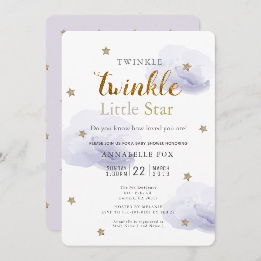 Twinkle Little Star Lavender Baby shower Kaart (Voorkant / Achterkant)