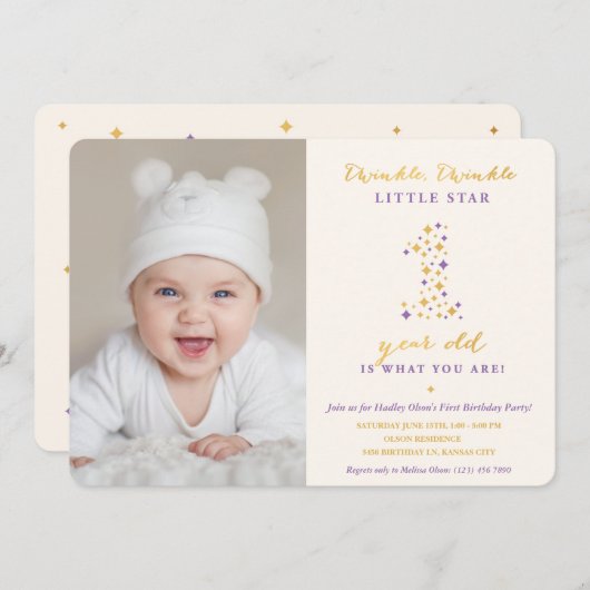 Twinkle Little Star Lavender & Gold First Birthday Kaart (Voorkant / Achterkant)