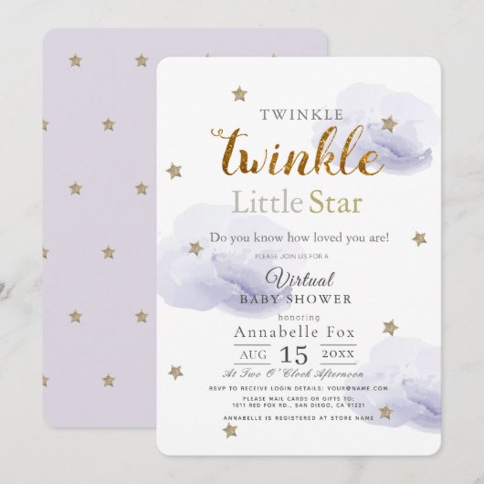 Twinkle Little Star Lavender Virtual Baby shower Kaart (Voorkant / Achterkant)