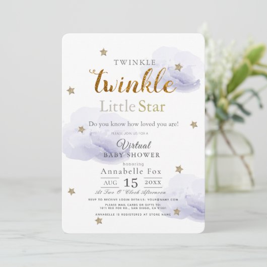 Twinkle Little Star Lavender Virtual Baby shower Kaart (Staand voorkant)