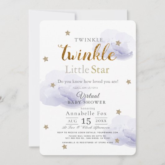 Twinkle Little Star Lavender Virtual Baby shower Kaart (Voorkant)