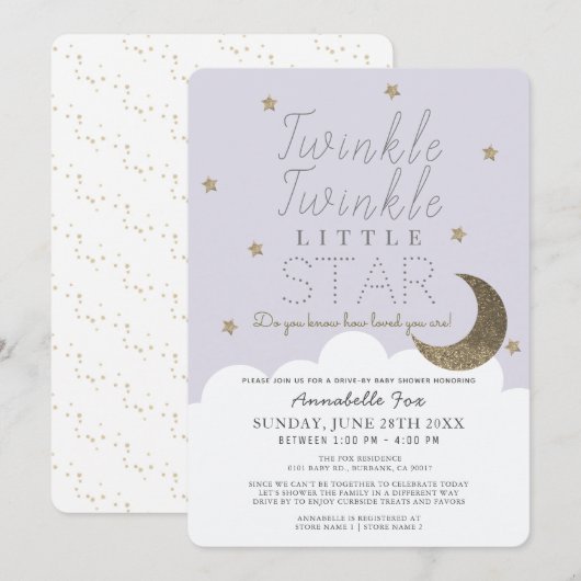 Twinkle Little Star Lila Drive-by Baby shower Kaart (Voorkant / Achterkant)