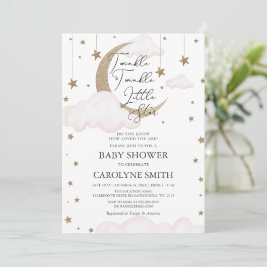 Twinkle Little Star Meisje Baby shower Uitnodiging (Staand voorkant)
