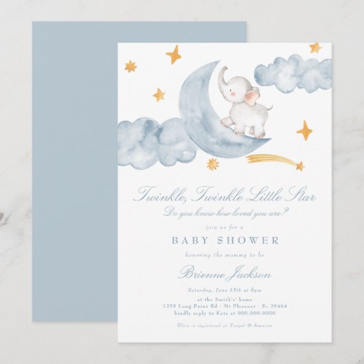 Twinkle Little Star Moon Blue Boy Baby shower Kaart (Voorkant / Achterkant)