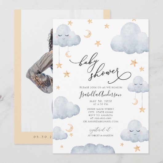 Twinkle Little Star Moon Blue Yellow Baby shower Kaart (Voorkant / Achterkant)