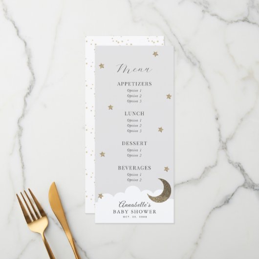 Twinkle Little Star Moon Grey Baby shower Menu (Voorkant / Achterkant in situ)