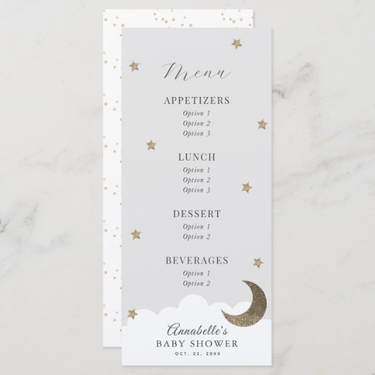 Twinkle Little Star Moon Grey Baby shower Menu (Voorkant / Achterkant)