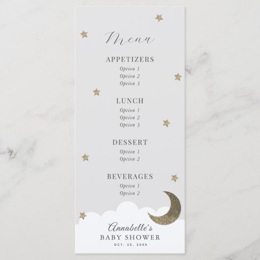 Twinkle Little Star Moon Grey Baby shower Menu (Voorkant)