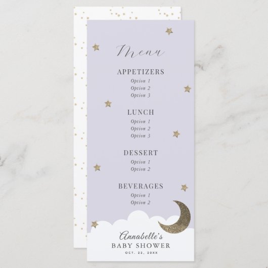 Twinkle Little Star Moon Lila Baby shower Menu (Voorkant / Achterkant)