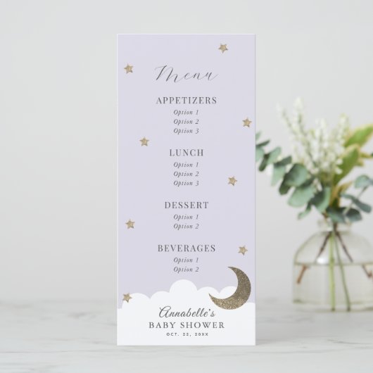 Twinkle Little Star Moon Lila Baby shower Menu (Staand voorkant)