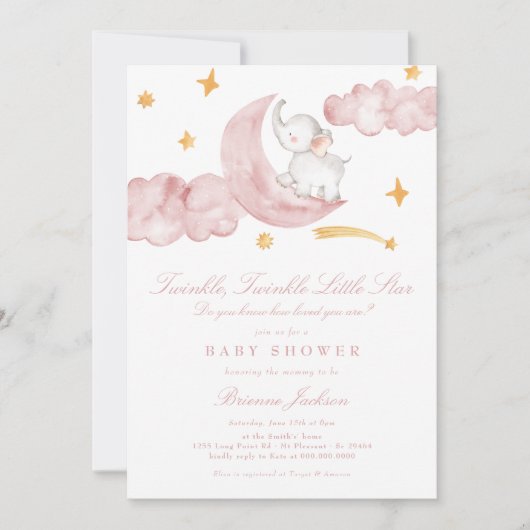 Twinkle Little Star Moon Pink Girl Baby shower Kaart (Voorkant)