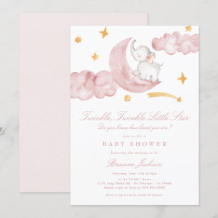 Twinkle Little Star Moon Pink Girl Baby shower Kaart