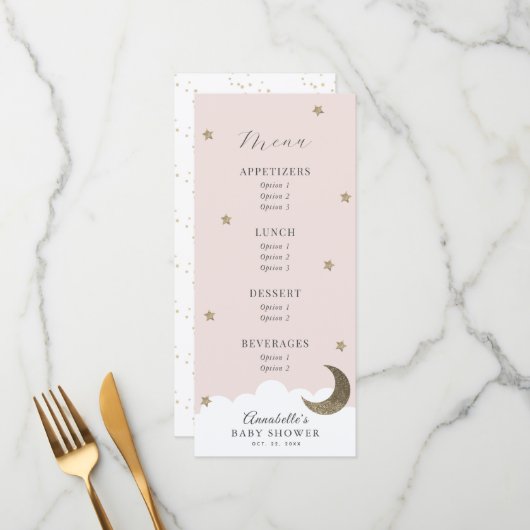 Twinkle Little Star Moon Roze Baby shower Menu (Voorkant / Achterkant in situ)