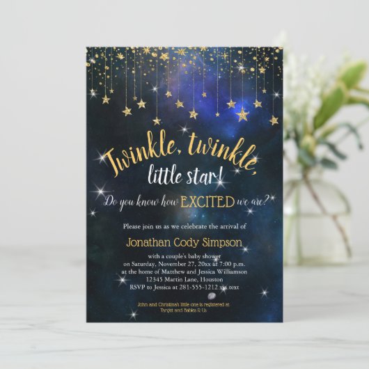 Twinkle Little Star Navy Gold Baby shower Digitaal Kaart (Staand voorkant)