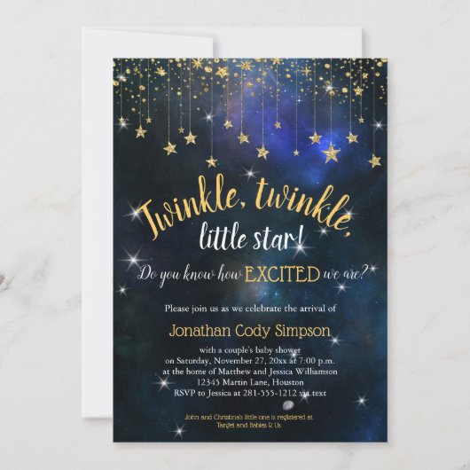 Twinkle Little Star Navy Gold Galaxy Baby shower Kaart (Voorkant)