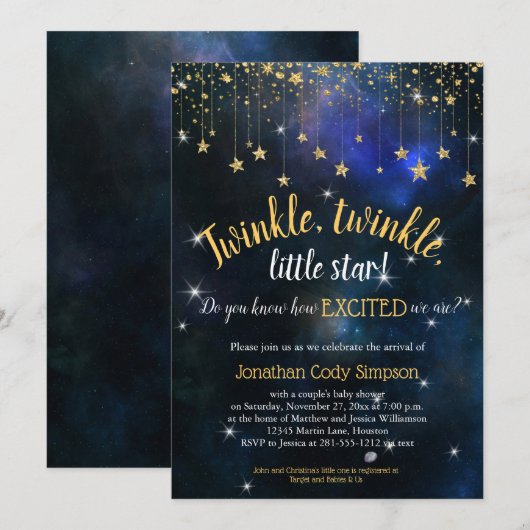 Twinkle Little Star Navy Gold Galaxy Baby shower Kaart (Voorkant / Achterkant)