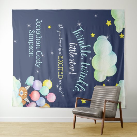 Twinkle Little Star Navy Woodland Fox Baby shower Wandkleed (In Situ (horizontaal))