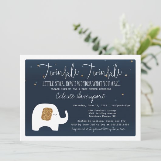 Twinkle Little Star Olifant Baby shower Invite Kaart (Staand voorkant)
